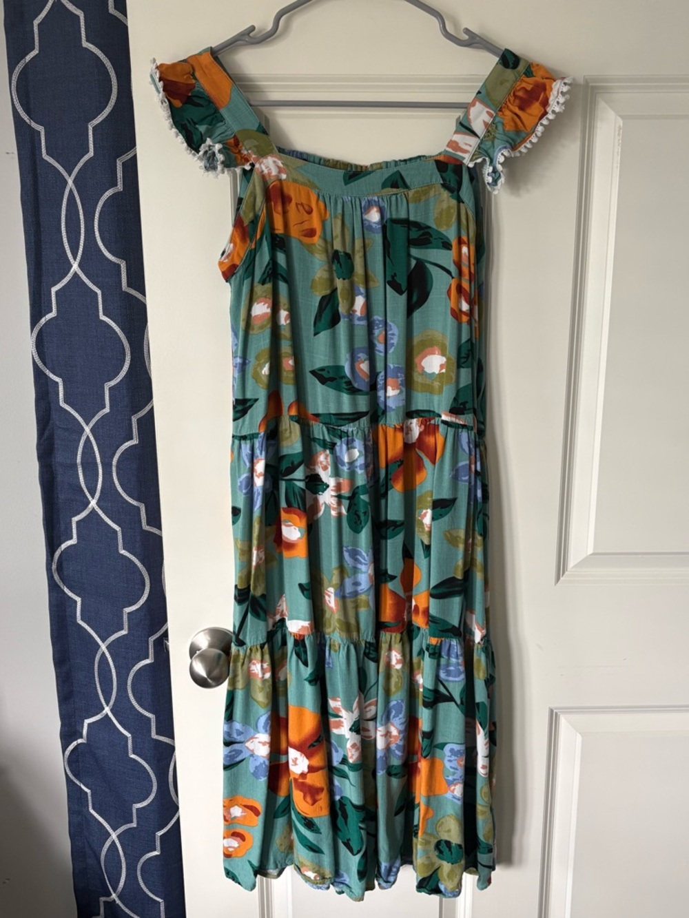 THML Teal Green Floral Off-Shoulder Dress with Orange Accents